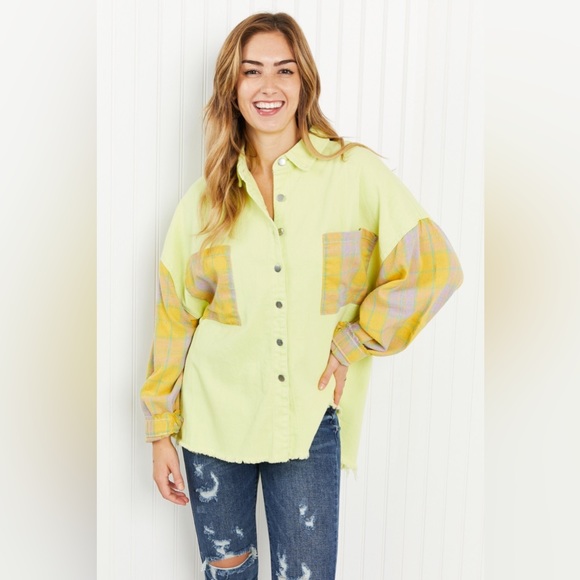 POL Bright Autumn Full Size Contrast Plaid Twill Shacket - Picture 1 of 11